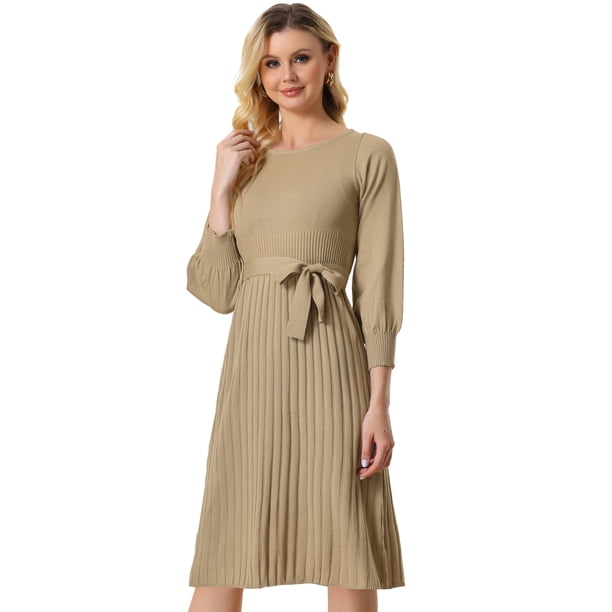 Vestido de Punto con Cinturón para Mujer con Cuello Redondo Mangas faroles Vestido de Suéter Casual Caqui S