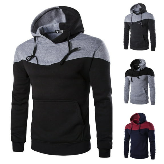 Lovskoo 2024 Men's Hoodie Sweatshirts Patchwork Long Sleeve Hoodie Sweatshirt Pullover Solid Color Coat Outwear Dark Gray