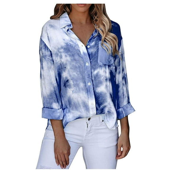 Fimkaul Women's Button Down Shirts Winter Fall Long Sleeve Casual Tops Tunic Tie-dye Printed Chiffon Blouse Blue L