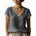 thumbnail image 2 of Yteetum Women's Summer Linen Tops Short Sleeve V Neck Lace Trim Shirts Women Casual Solid Loose Lightweight Comfy Vacation Boho T Shirts, 2 of 6