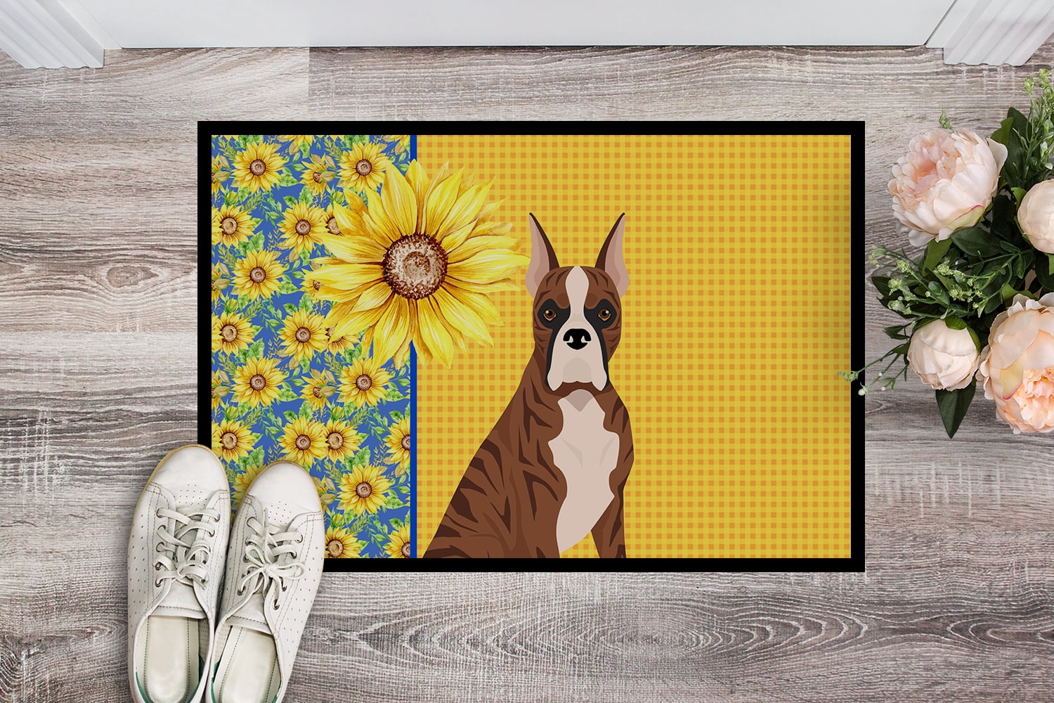 Summer Sunflowers Red Brindle Boxer Indoor or Outdoor Mat 18x27 27 in x 18 in
