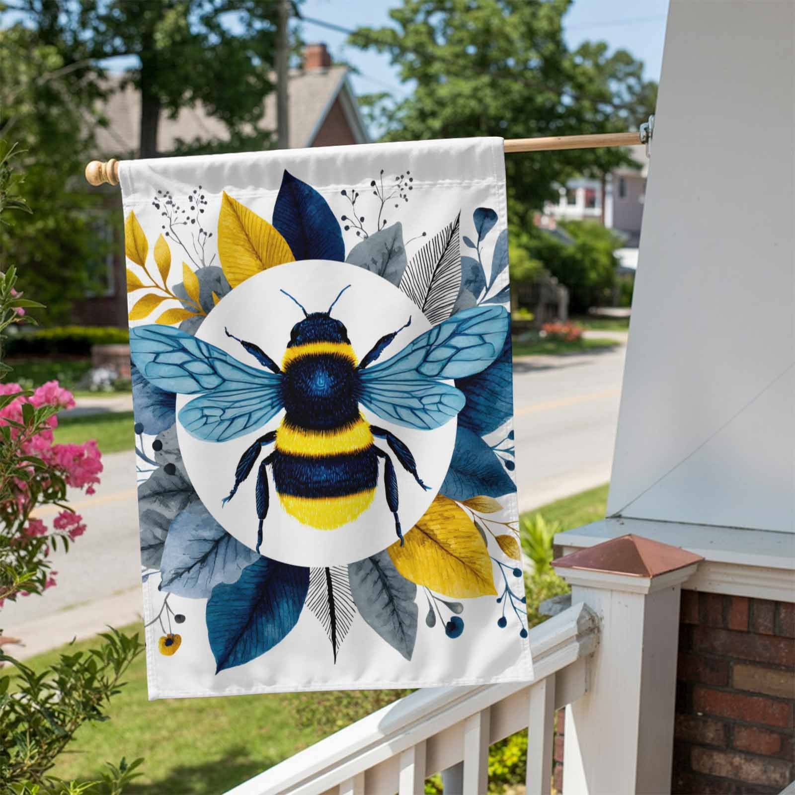 Bees House Flag 28 x 40 Inches, Gold Blue Leaves Plant Bee Weather Proof Outdoor Patio Flags Double Sided Small House Decoration for Yard Lawn Outside Home