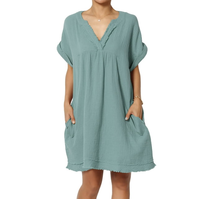 Robe Mini Babydoll en Gaze de Coton à Manches Courtes Col en V Décontractée pour Femmes