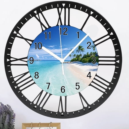 Wrought Iron Blue Beach Wall Clocks Battery Operated 10 Inch Round Glass Silent Wall Clock Coastal Nautical Wall Clocks for Living Room Bedroom Kitchen Decor Style 10×10inch(25×25cm)