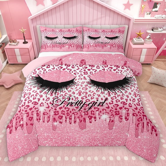 Homewish Elegant Eyelash Bedding Comforter Set 2pcs for Female Men Adults,Leopard Print Twin Comforter Sets Microfiber,Bling Pink Splash Glitter Breathable Bedding Set,Microfiber Bedroom Decor