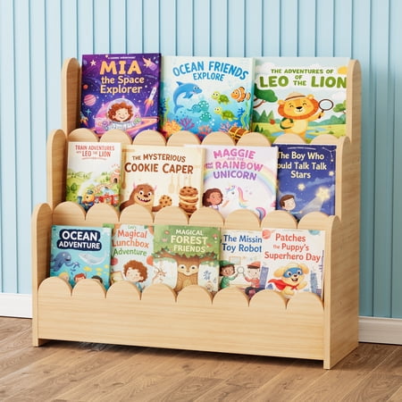 SpaceAid 3 Tier Wood Scalloped Bookshelf, Montessori Bookcase for Toddlers, Natural
