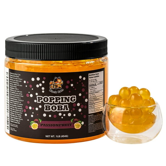 Black Cats Popping Boba Pearls | Passionfruit Flavor | 1LB (454g) | Bursting Tea Balls for Drinks, Desserts, Smoothies, and Snack Toppings | Bubble Tea Tapioca Pearl Mix