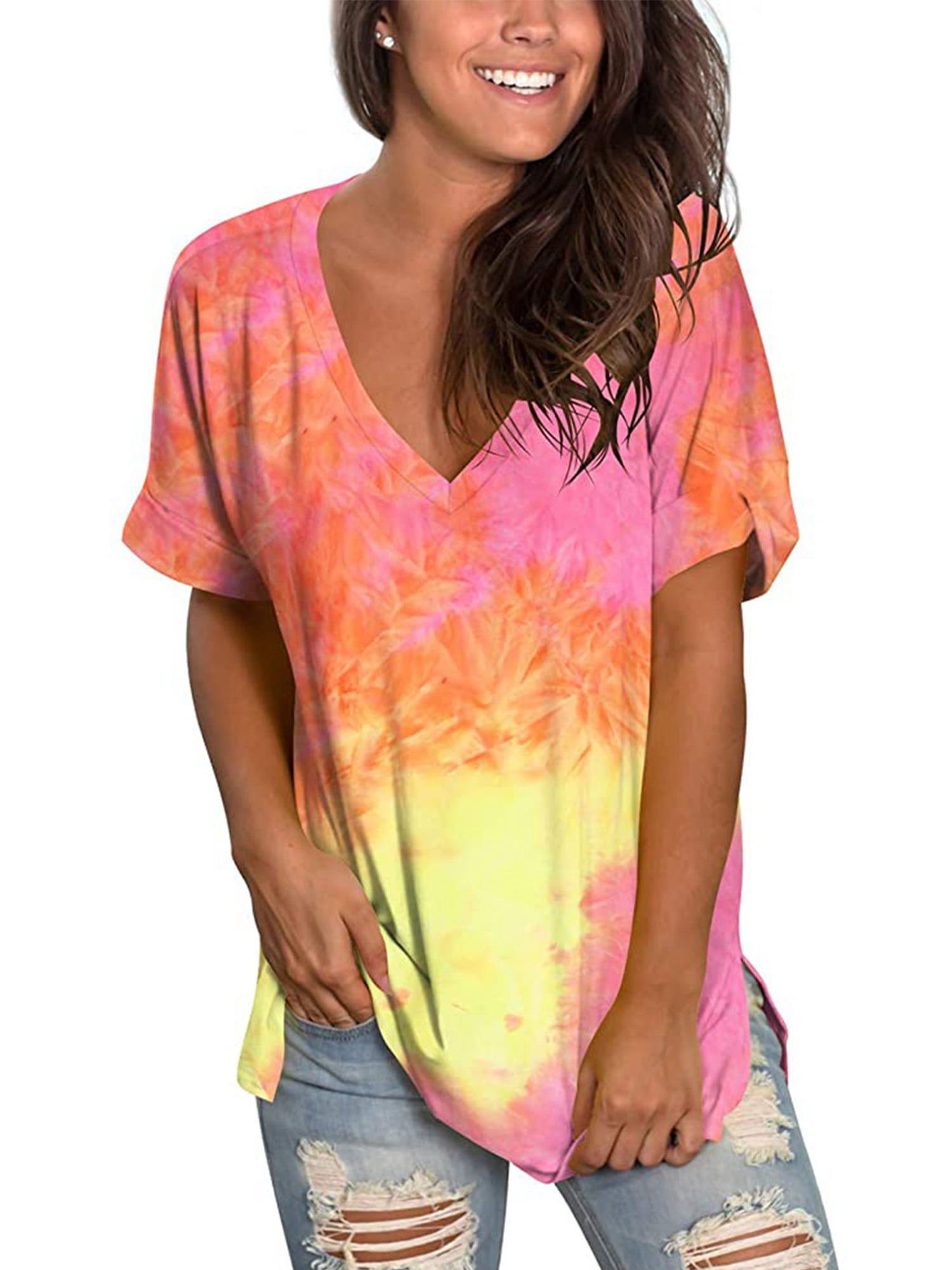 Womens Fashion Gradient T Shirt Casual V-Neck Roll Up Short Sleeve Summer Tops Loose Fit Tie Dye Tunic Blouse Tee