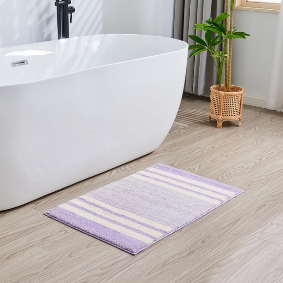 Alfombra de baño Coze Cube de microfibra a rayas moradas, antideslizante, 60 x 40 cm