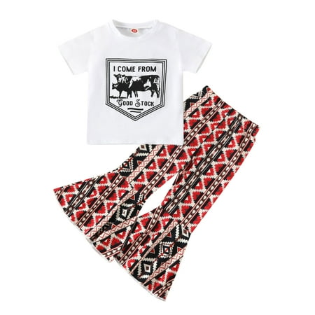 

Toddler Girls Summer Short Sleeve Letter Cow Printed Tops Pants 2PCS Outfits Clothes Set Children Clothing Child Leisure Outwear