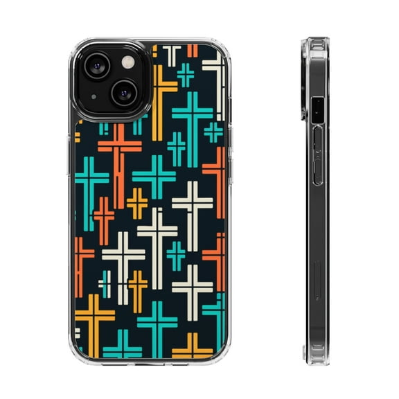DistinctInk Hybrid (Acrylic / TPU) Clear Slim Fit Case for Apple iPhone 12 (6.1" Screen) - "Dynamic Dispersion: Bold and Colorful Christian Crosses"