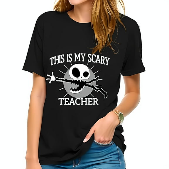Funny Cotton Short Sleeve T-Shirt - 'THIS IS MY SCARY TEACHER' with Cartoon Character Design for Halloween