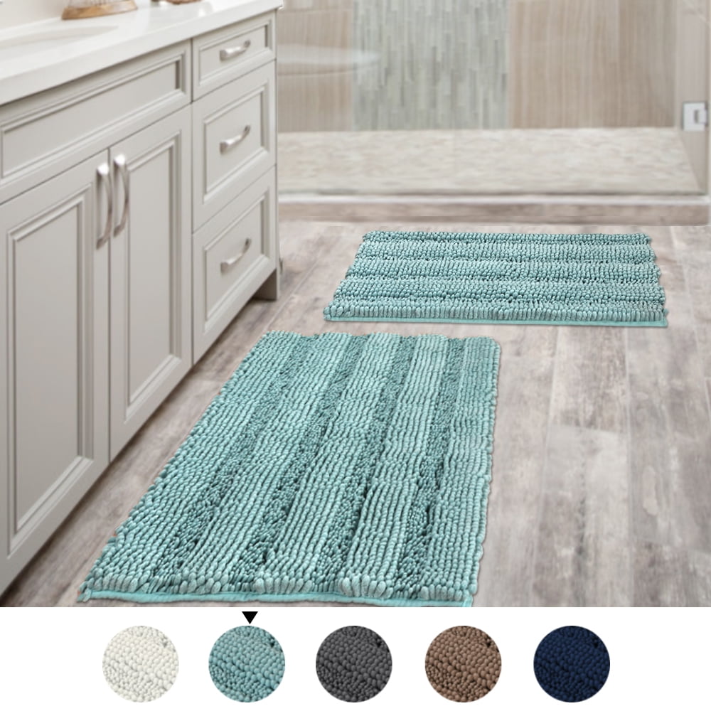 Extra Thick Striped Bath Rugs for Bathroom - Anti-Slip Bath Mats Soft Plush Chenille Yarn Shaggy Mat Living Room Bedroom Mat Floor Water Absorbent Set of 2 Jet Black, 20 x 32 Plus 17 x 24 - Inches 