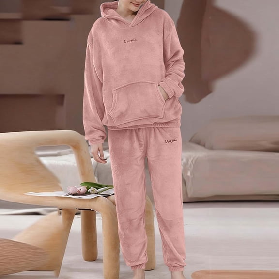 BXJX Pajamas for Women Set- Velvet Hooded Loose Fit Sleepwear Fleece Winter Thick Women's Soft Loungewear Pink Size Free Size