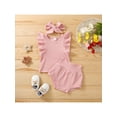 thumbnail image 2 of Gureui 3Pcs Toddler Infant Baby Girls Summer Outfit, Casual Solid Color Flying Sleeve Tops + Shorts + Hairband Clothes Set, 2 of 9