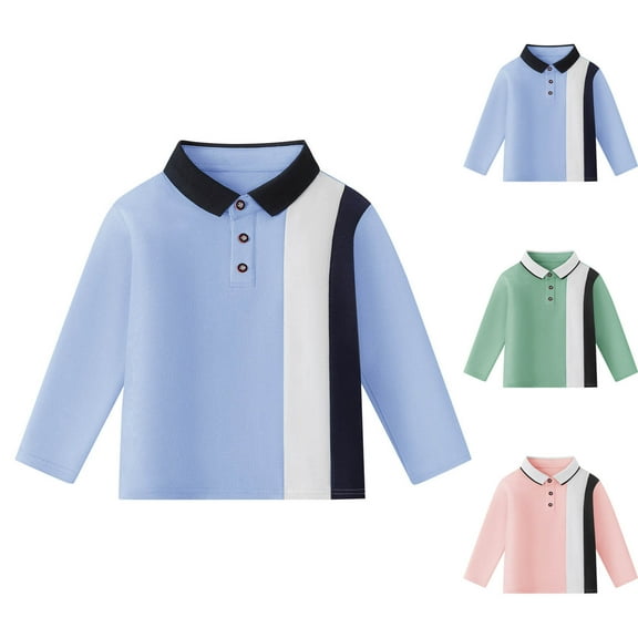 HAOTAGS Toddler Boys Polo Shirt,with Patchwork School Uniform Long Sleeve Autumn Winter Shirts Light Blue 3-4Years