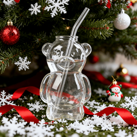 11oz Bear Glass Cold Cup, Cute Bear-Shaped Design with Straw, Ideal for Iced Beverages, Cocktails, and Perfect Christmas Gift for Coffee Lovers,(1 Bear Cup with Straw)