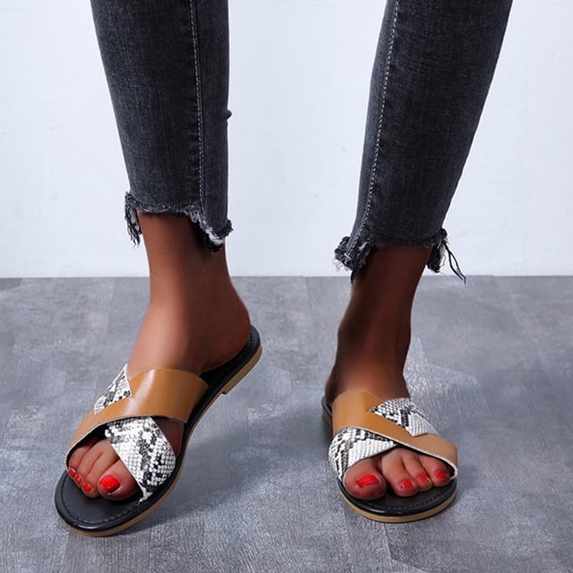 Zapatillas de verano para mujer, sandalias de fondo plano con banda cruzada, zapatos informales para mujer, zapatillas con estampado de leopardo Wmkox8yii ytu7382