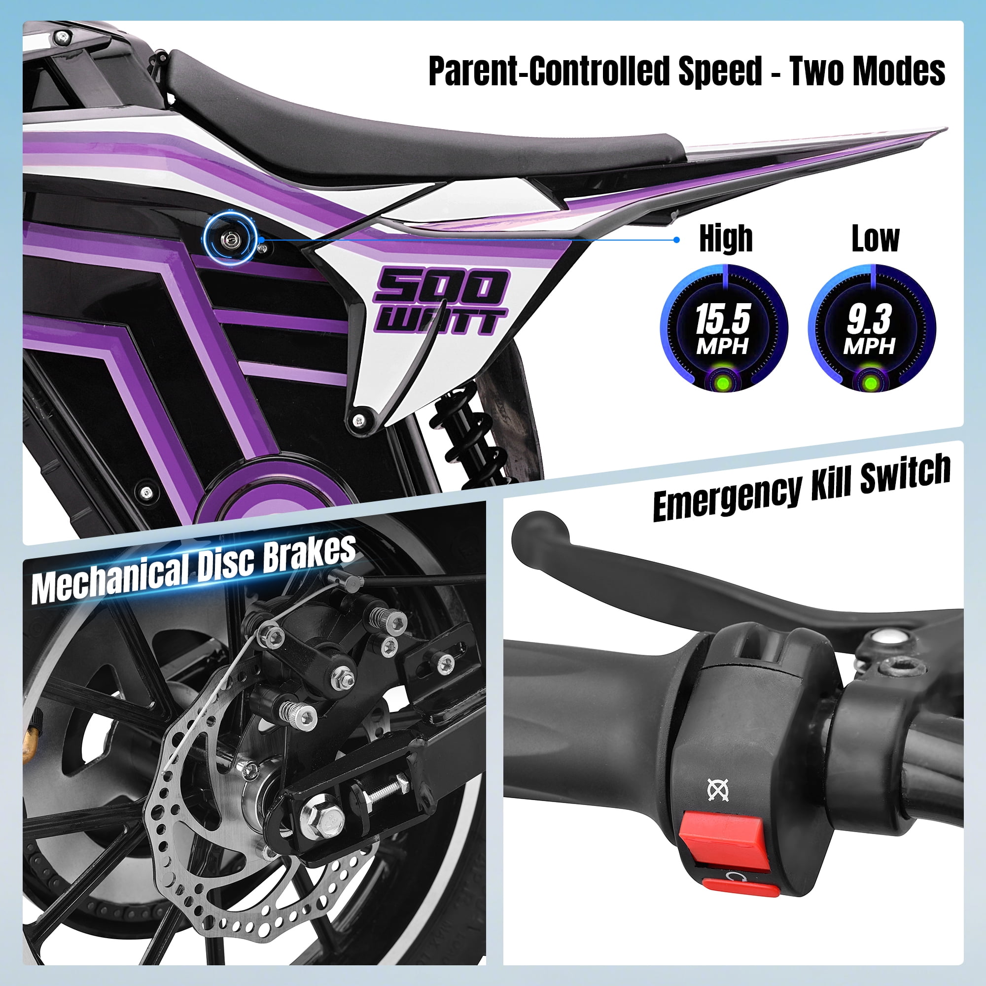 QEASET electric dirt bike, 500W kids dirt bike for Boys Girls Age 8-14, Purple
