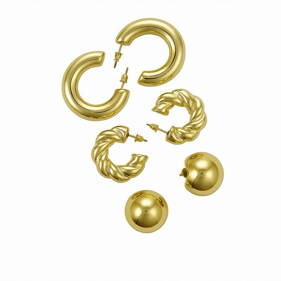 Jewel Harbour 3-Pair Gold-Plated Chunky Hoop Earrings Set for Women – Twisted, Dome & Bold