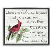 Stupell Industries Believe Love Never Dies Inspirational Cardinal Bird Word Design Jet Black Framed Floating Canvas Wall Art, 16x20, by Daphne Polselli