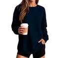 thumbnail image 5 of Sweatshirts for Women Casual Pullover Long Sleeve Side Slit Pocket Crewneck Loose Fit Classic Tops, 5 of 6