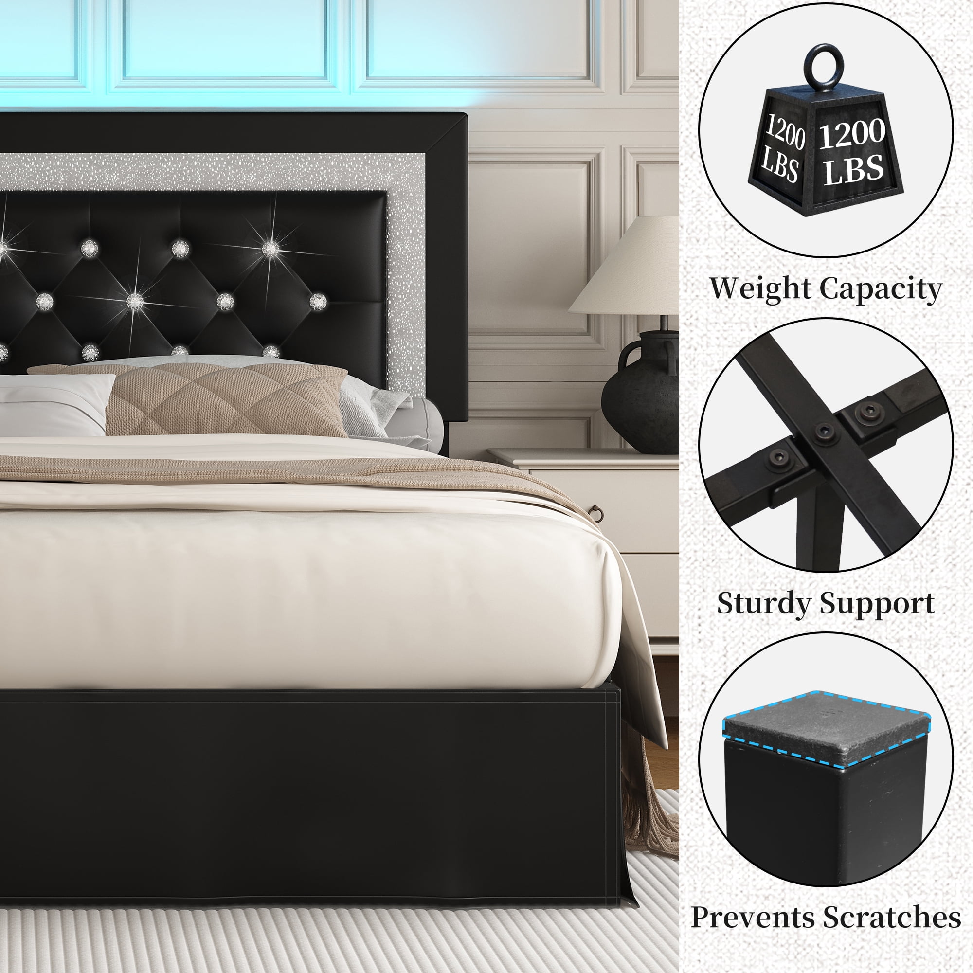 SIBEDS Queen Upholstered Bed Frame with Adjustable Headboard and LED Lights, Black PU Tufted Diamond Button, No Box Spring Needed, Noise Free