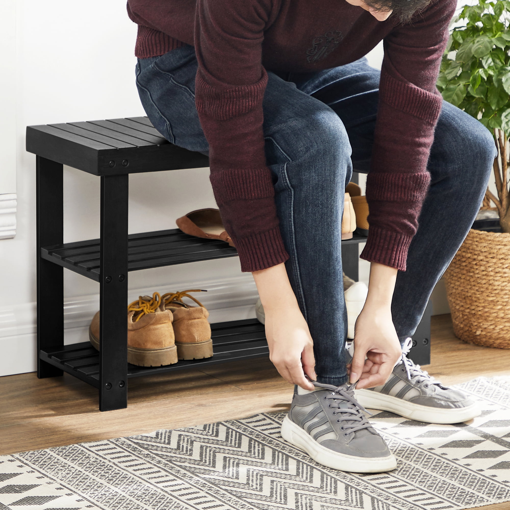 3-Tier Shoe Rack Bench, Hallway Bamboo Organizer, Home Storage Shelf with Holds 286 lb, Black
