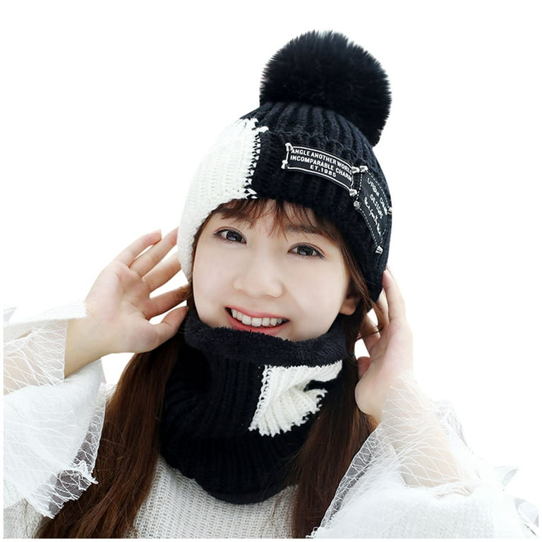 Herrnalise Fashion Women Knitted Wool Scarf Hat Pompom Cap Set Warm Winter  + Scarf + Mask 