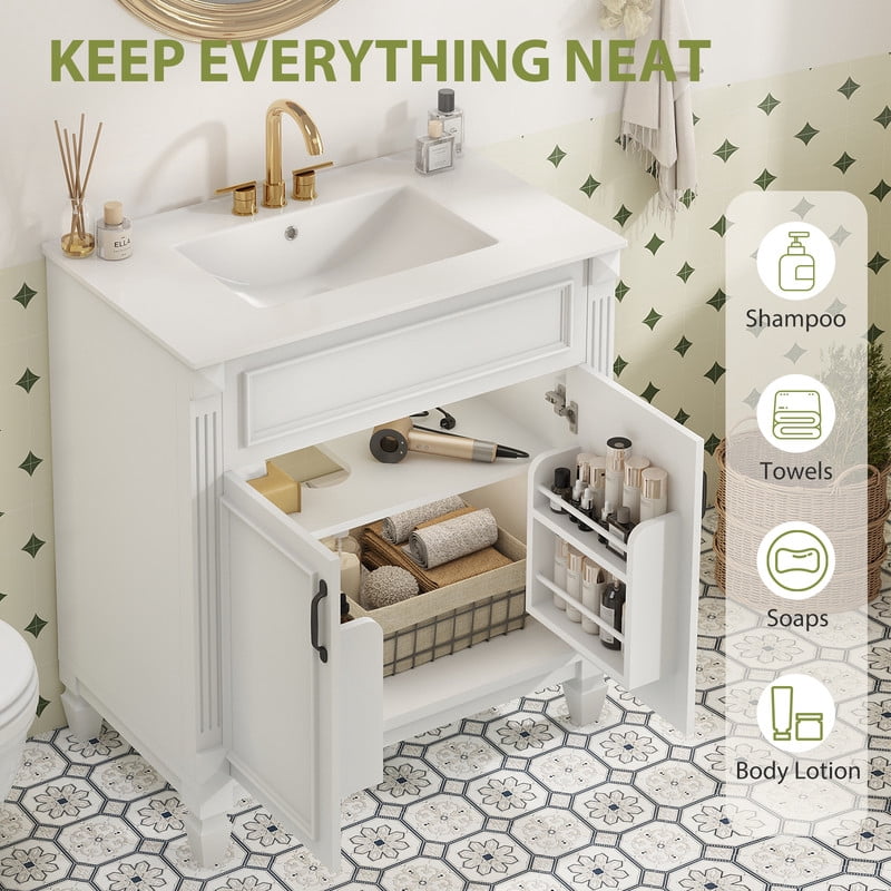 Gianna 30" Bathroom Vanity with Sink, Bathroom Storage Vanity Sink with 2 Doors, Farmhouse Wooden Free Standing Bathroom Cabinet with Sink, Easy Assembly, NO Mirror Faucet (White)