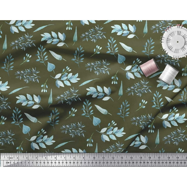 Soimoi Green Cotton Poplin Fabric Flower Leaves Decor Fabric Printed BTY 56 Inch Wide
