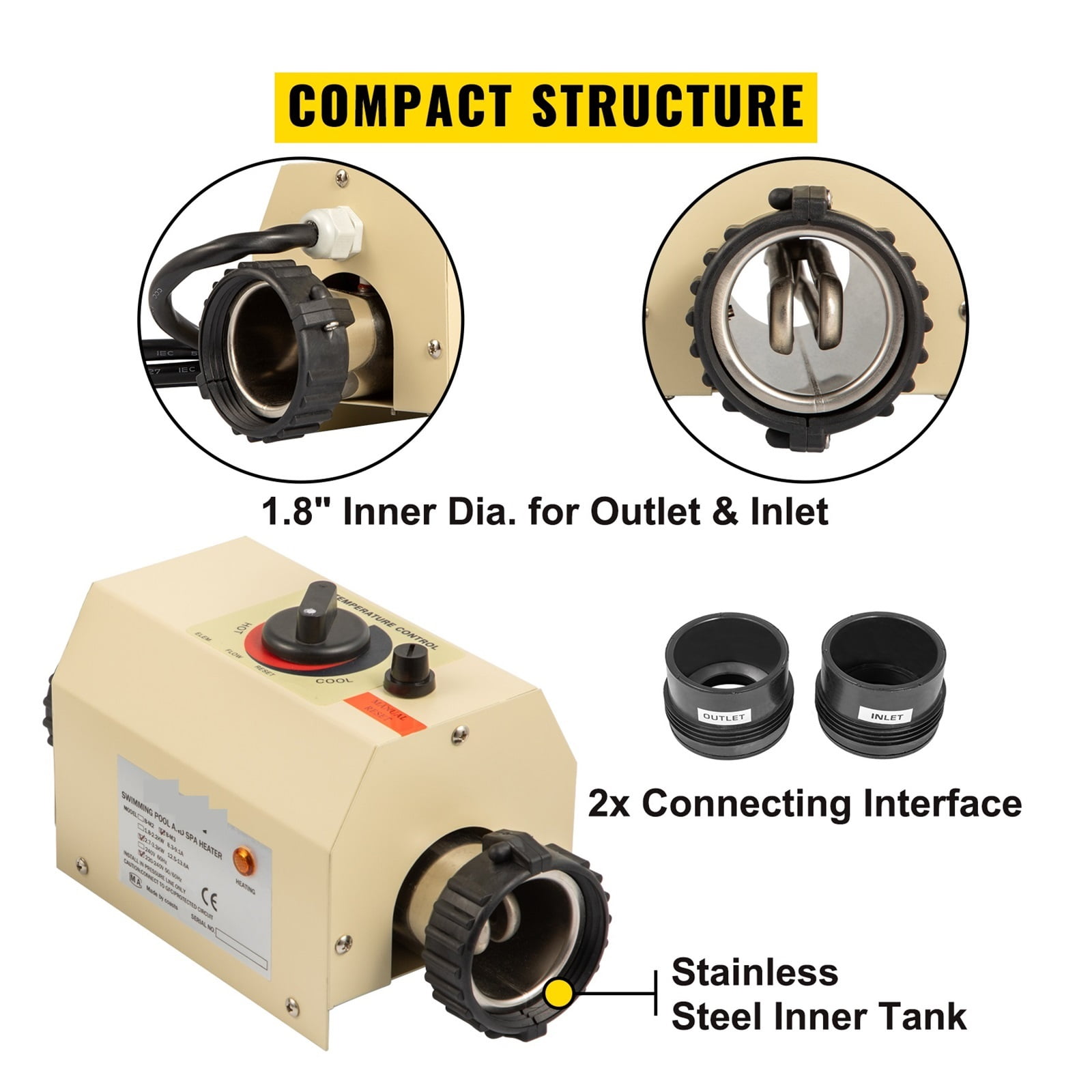 2KW Mini Electric Water Heater Thermostat Swimming Pool Heater Bathtub SPA Bath For Massage Hot Tub & Heating ,Efficient Heating