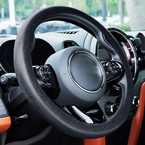Spurtar Funda para Volante 14-15 Protector Antideslizante para Volante de Coche Textura de Cuero de Silicona Suave e Inodoro Funda para Volante Funda de Gran Agarre para Volante Negro