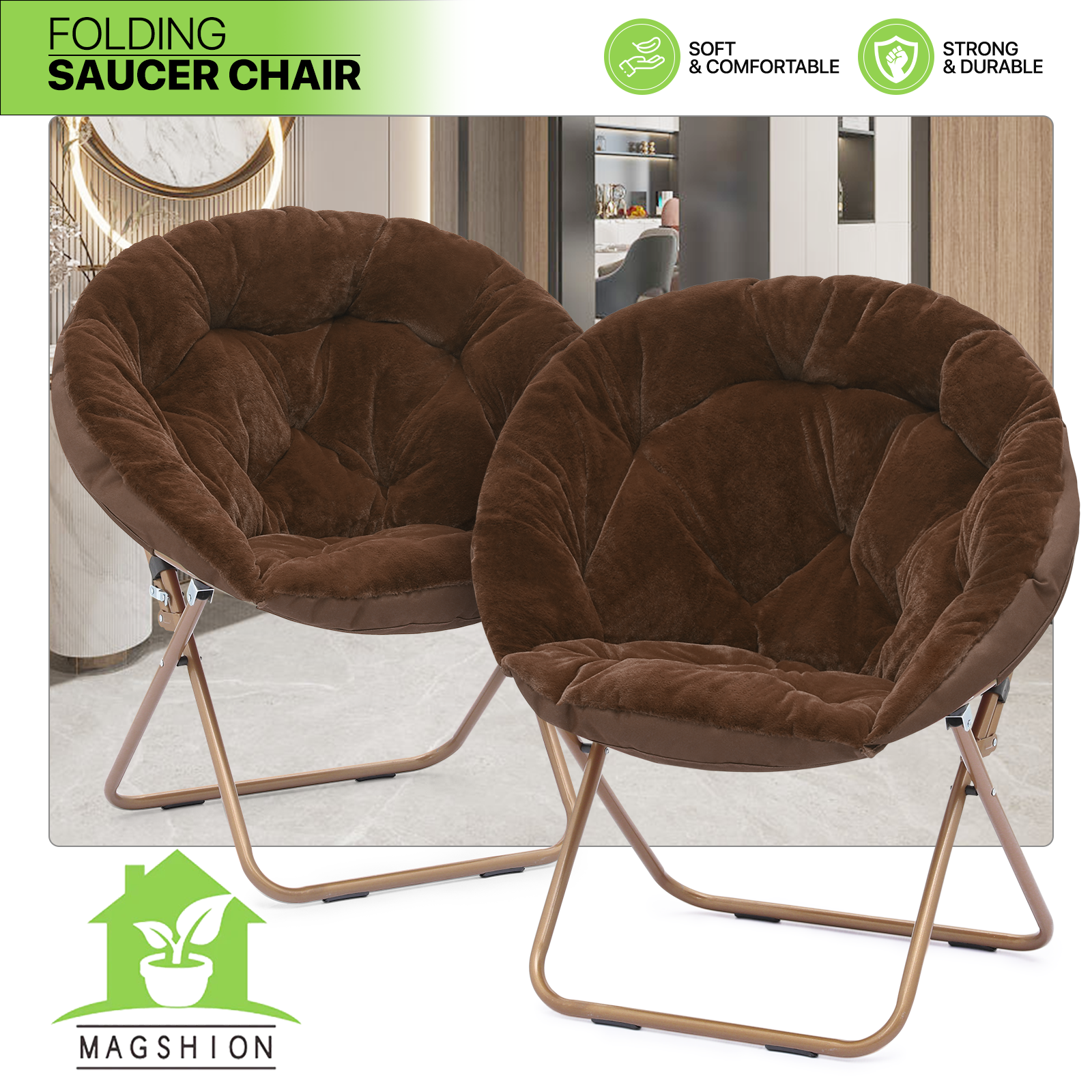 Magshion 2-Piece Folding Lounge Chair Comfy Faux Fur Saucer Chair, Cozy Moon Chair Seating with Metal Frame for Home Living Room Bedroom, Brown - image 2 of 10