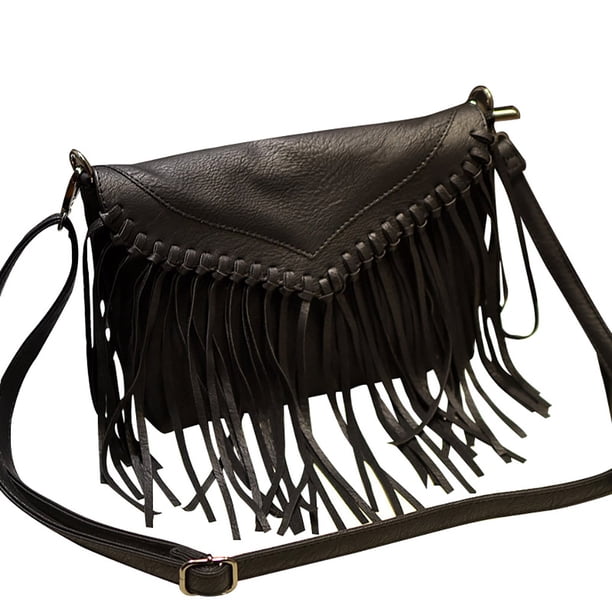 Bolso de hombro para mujer, con borlas y flecos, bolso de mano, bolso bandolera de piel sintética portátil, negro Vogacara AP000973-01