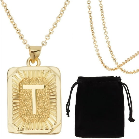 1 Box 1Pc Alphabet T Necklaces 18K Gold Plated Brass Letter Pendants with 1Pc Cable Chain and Rectangle Velvet Pouches for Men Women Golden