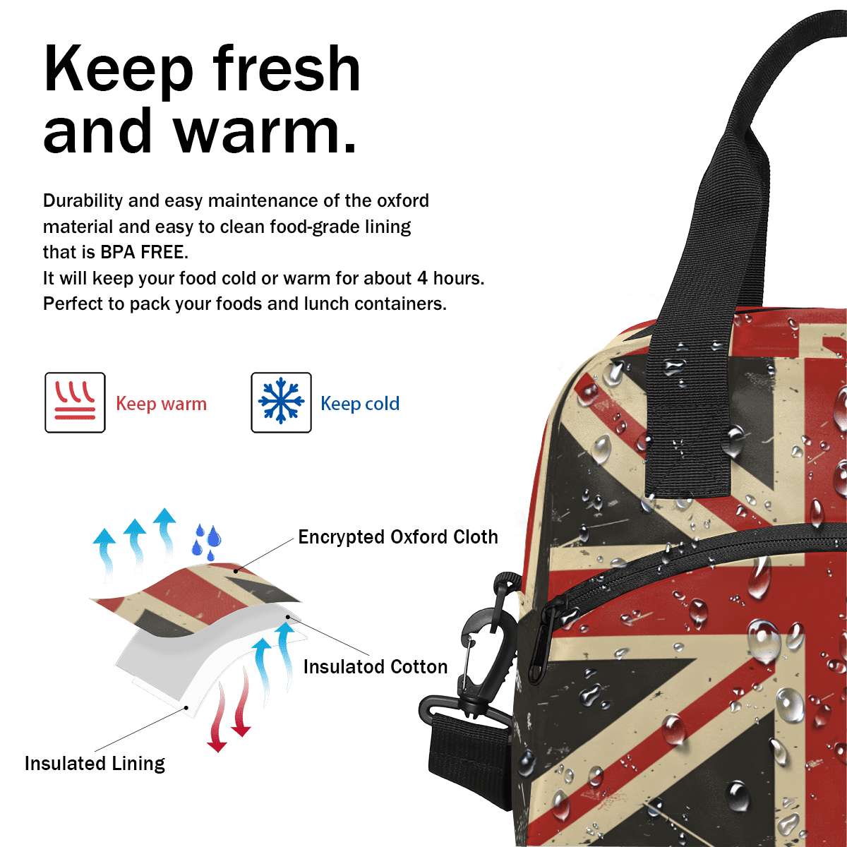 Herdesigns Union Jack Insulated Lunch Bag for Women Men Adults Large Reusable Lunch Box Retro United Kingdom Flag Leakproof Cooler Tote Bags with Adjustable Shoulder Strap