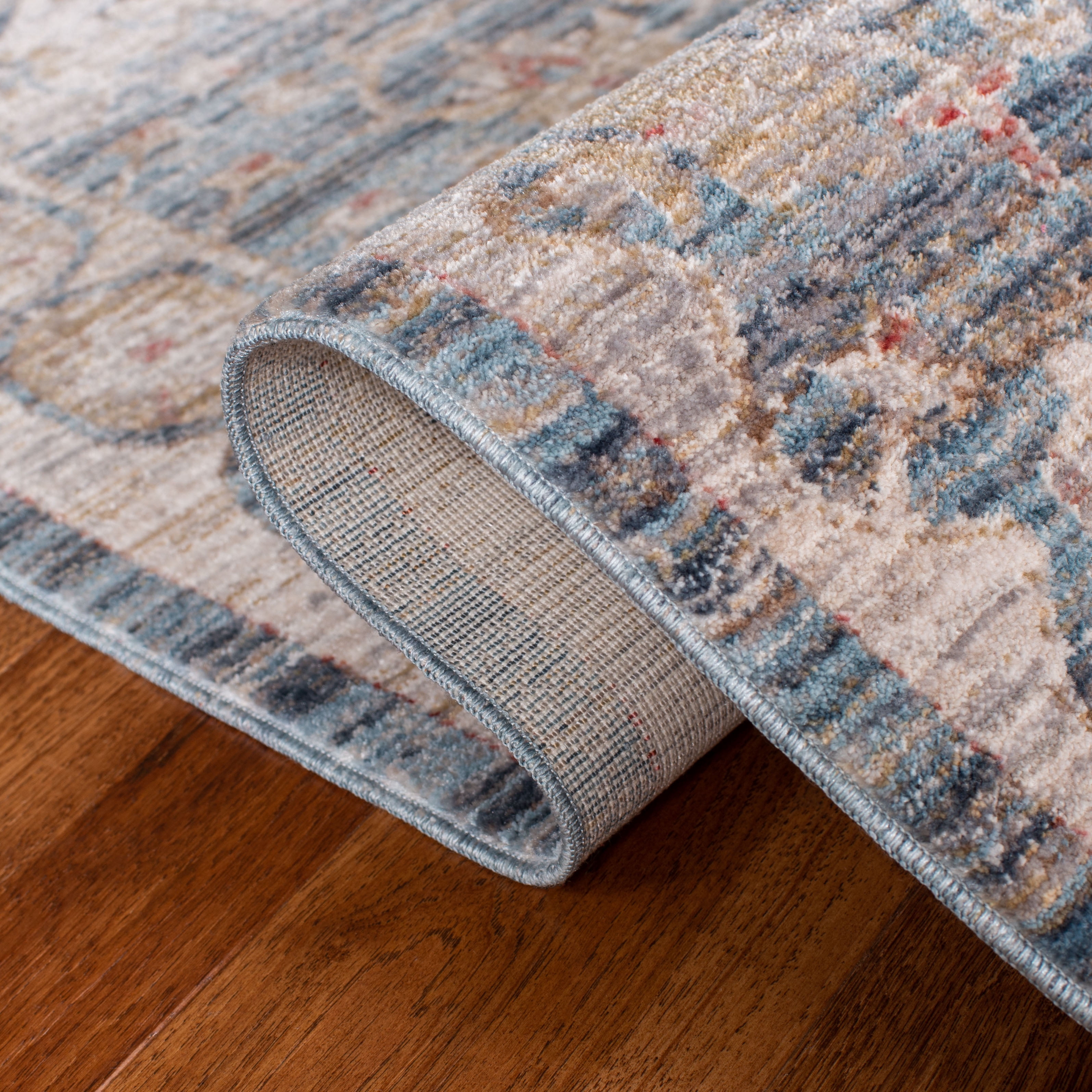 SAFAVIEH Kenitra Jermaine Floral Bordered Polyester Runner Rug, Blue/Ivory, 2'2" x 8'