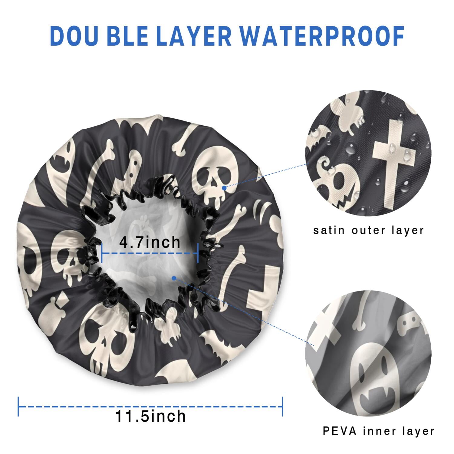 Shower Caps,Spooky Halloween Icons Pattern Waterproof Shower Cap for Women 4 Pieces,Double Reusable Hair Cover for Shower PEVA Elastic Stretch Hem