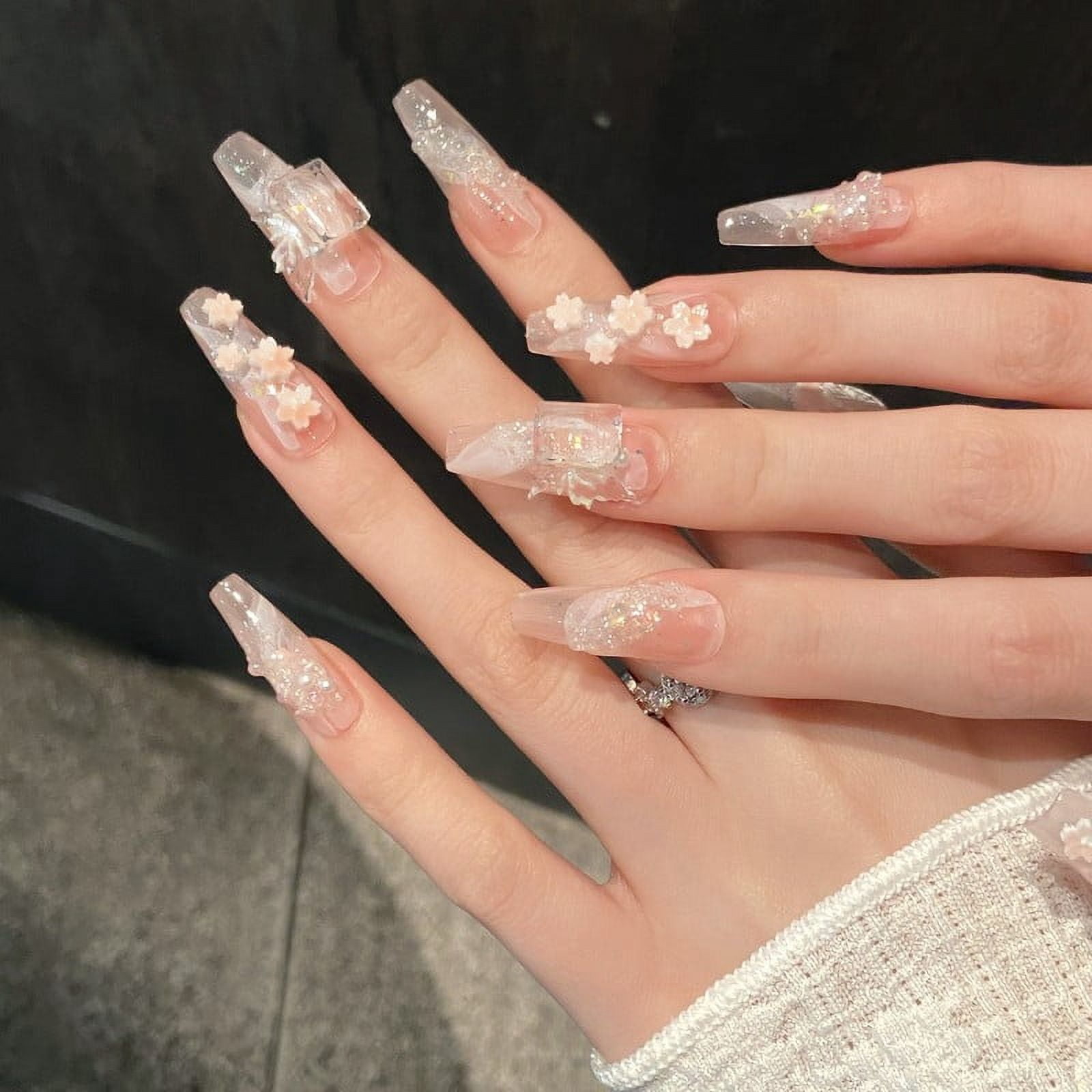 10pcs Gentle Light Pink Handmade False Nails 3D Sweet Peach Flower Crystal Decor Press ON Nails Spring Summer Reusable Fake Nail