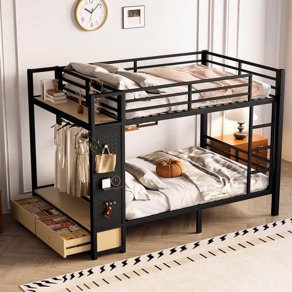Aukfa Full over Full Metal Bunk Bed with Storage Shelves, Drawers, Pegboard & Clothing Hanger, Space-Saving Bed Frame for Kids/Teens, Black