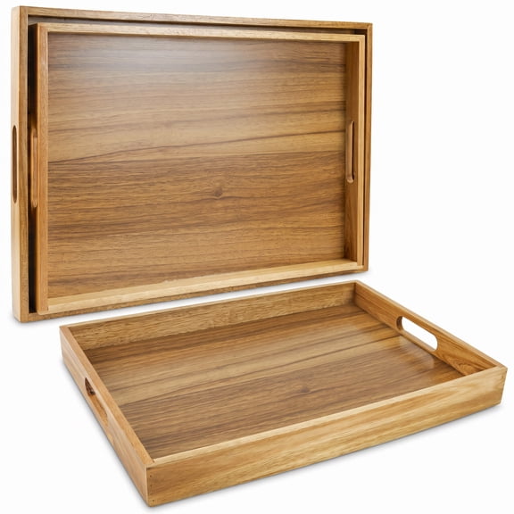 BABONIE Acacia Wood Serving Tray with Handle Set of 2, Decorative Tray Platter for Ottoman, Coffee Table, Party