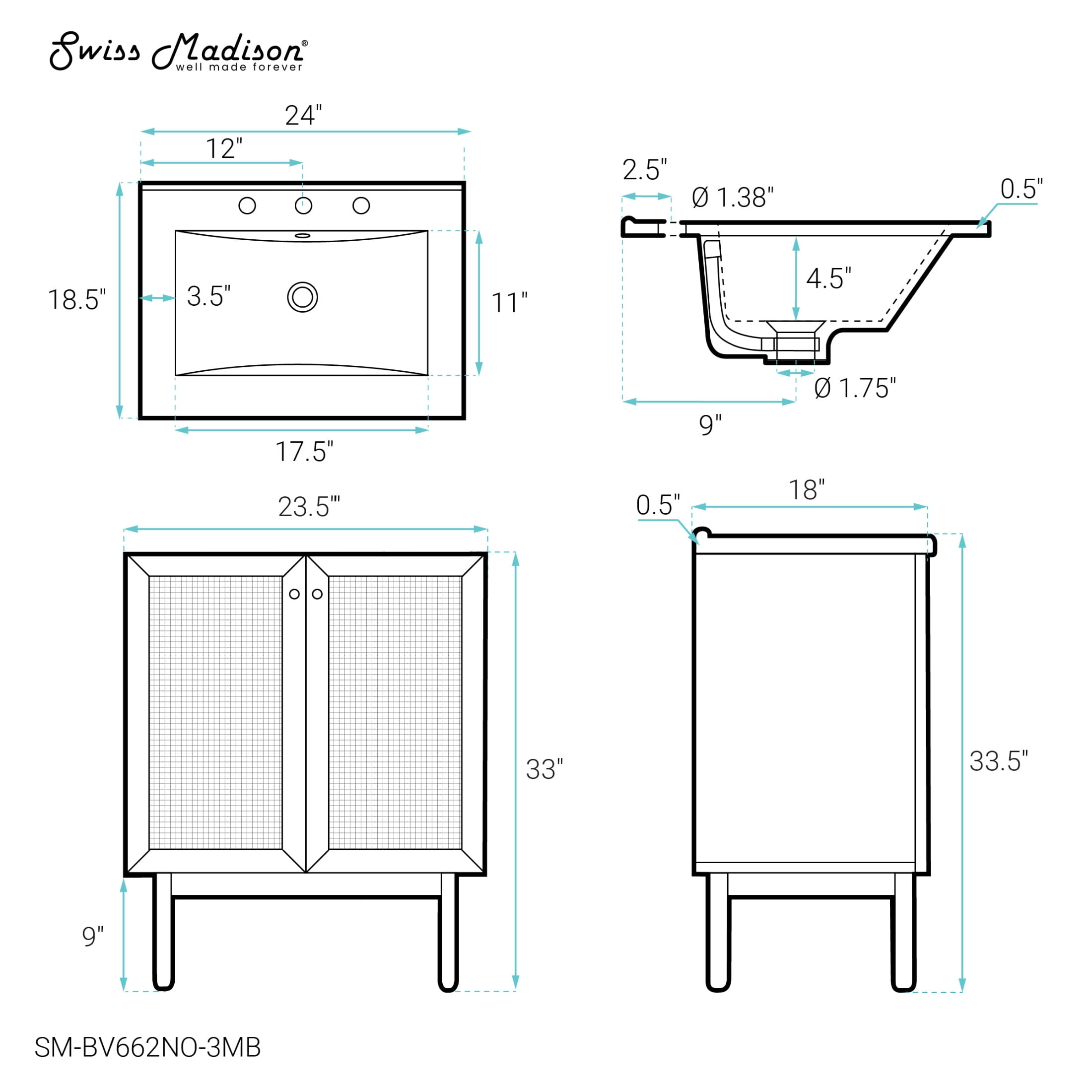 Classe 24" Freestanding Bathroom Vanity in Natural Oak with Black 3-Hole Centerset Sink Top