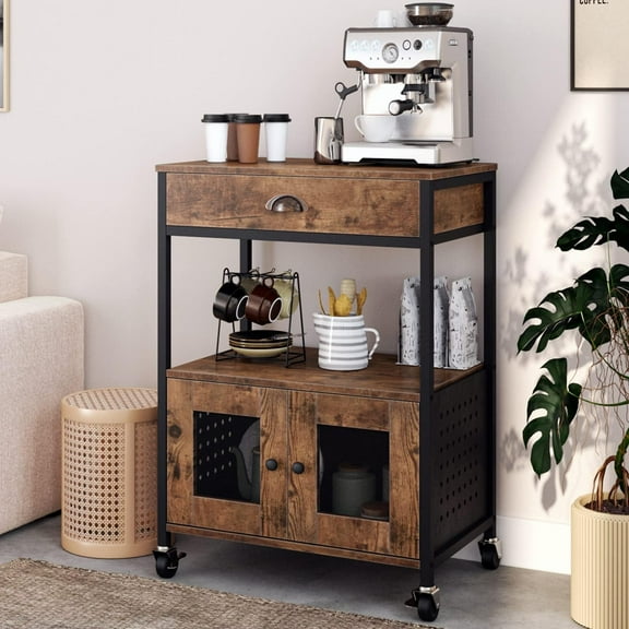 Hyxoo Coffee Cart Station, Coffee Stand Station, Small Microwave Stand with Drawer, Movable Farmhouse Coffee Station Table on Wheels for Living Room, Entryway, Dining Room, Kitchen