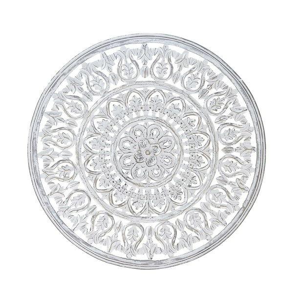 Decmode Large Round White Carved Wood Wall Decor Traditional Panel Handmade Art Fl 36 X Com - White Carved Wood Medallion Wall Art