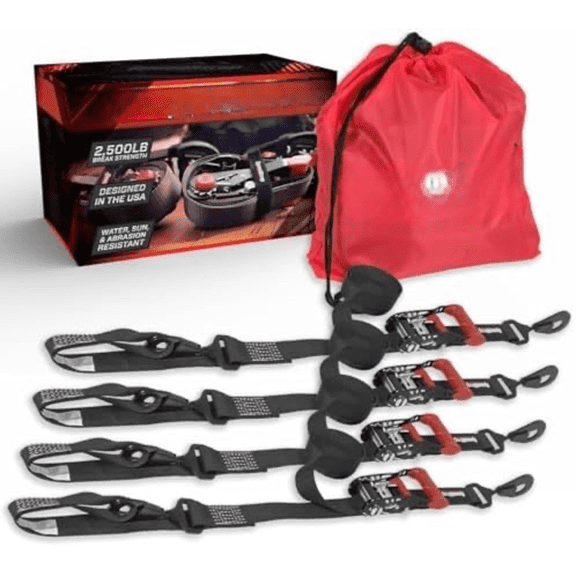 Ratchet Straps Tie Downs (4-Pack) - 1 Inch x 15 Feet (2,500lb Break Strength) - Heavy-Duty Tie Down Straps with S Hooks & Soft Ties - for Trucks, , ATV's, Moving, Trailers - Black