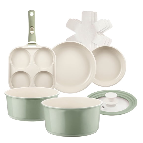 7Pcs Nonstick Aluminum Ceramic Cookware Set, Pots and Pans Set with Removable Handle Induction Kitchen, Green