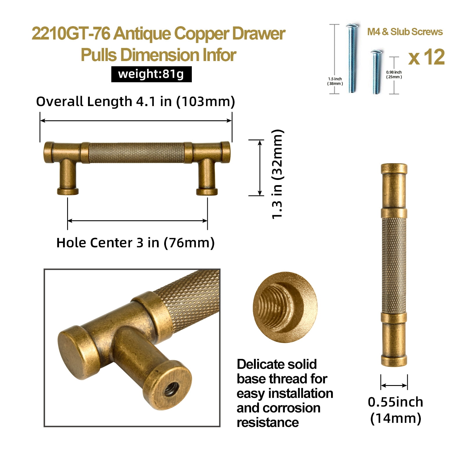 Goo-Ki Knurled Antique Brass Kitchen Cabinet Handles, 3"(76mm) Hole Center Closet Classic Zinc Alloy Cabinet Pulls Dresser Handles for Bedroom, 6 Pack