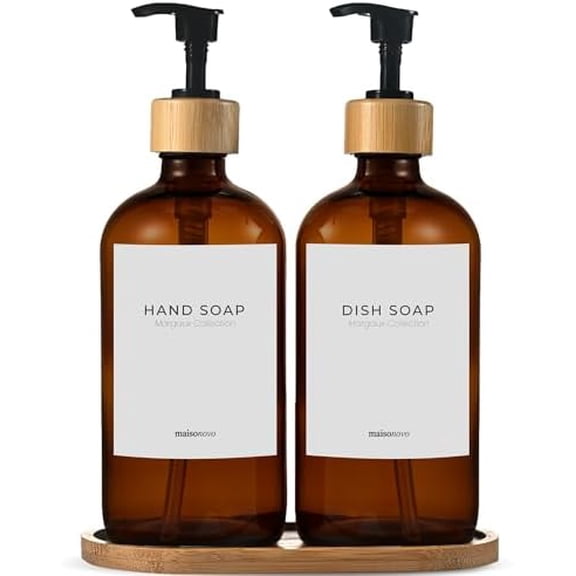 Glass Dish Soap Dispenser for Kitchen Set of 2-16.9oz Amber Dish and Hand Soap Dispenser Set for Kitchen - Amber Glass Bottles x 2 with Black Bamboo Pumps & Tray