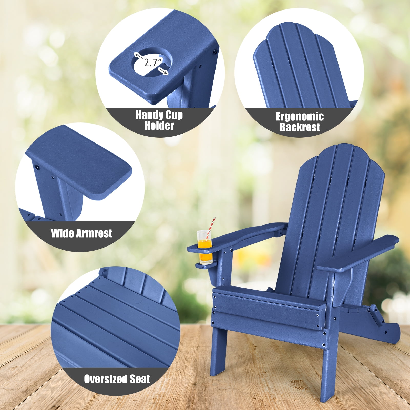 Gymax 2 PCS Patio Folding Adirondack Chair Side Table Cup Holder HDPE Navy